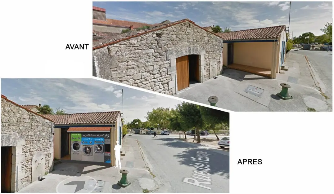 Avant et après intégration d'une laverie automatique Ma Petite Laverie dans un bâtiment existant